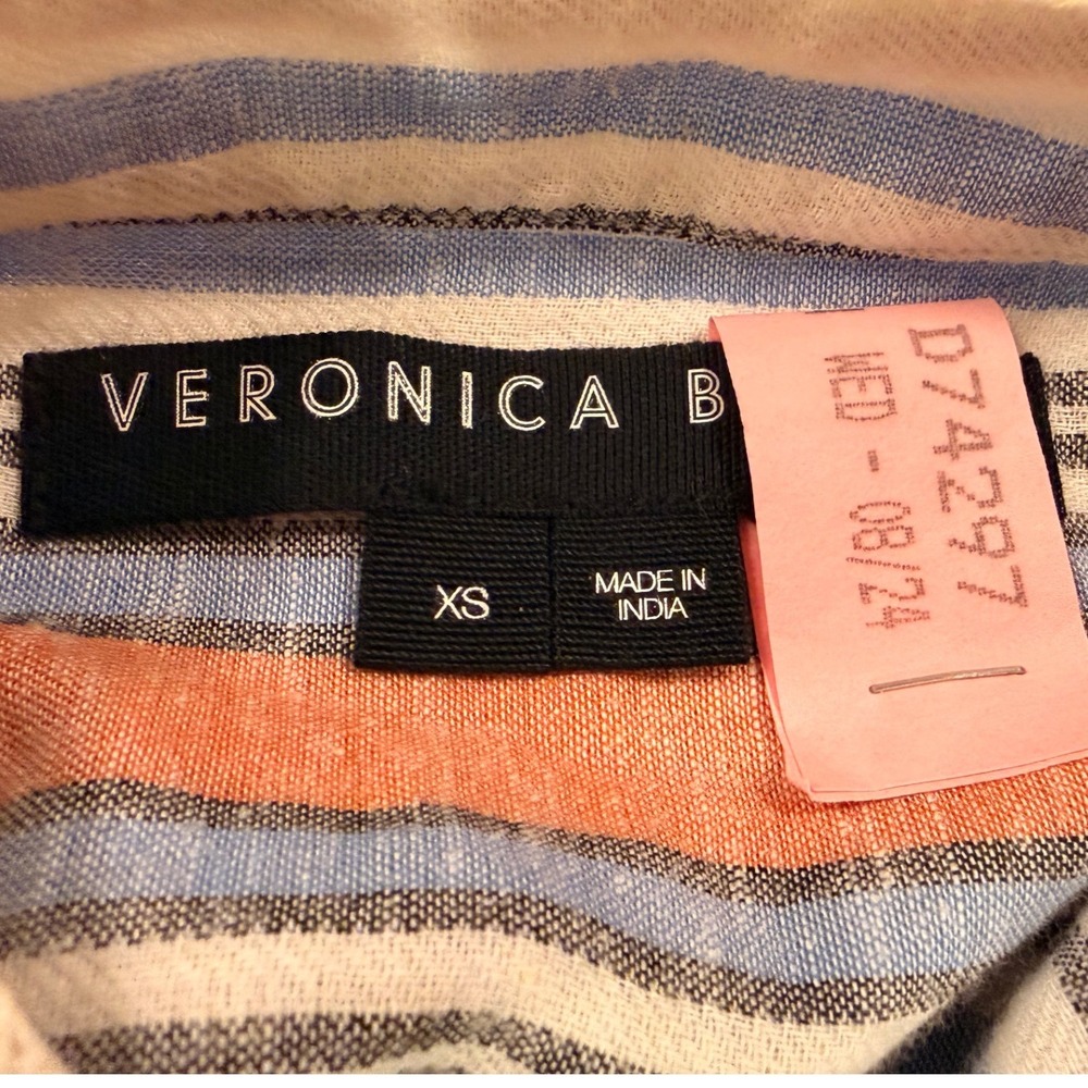 Veronica Beard Jeans Orange Blue Striped Linen Blend Band Collar Shirt XS - Picture 6 of 7